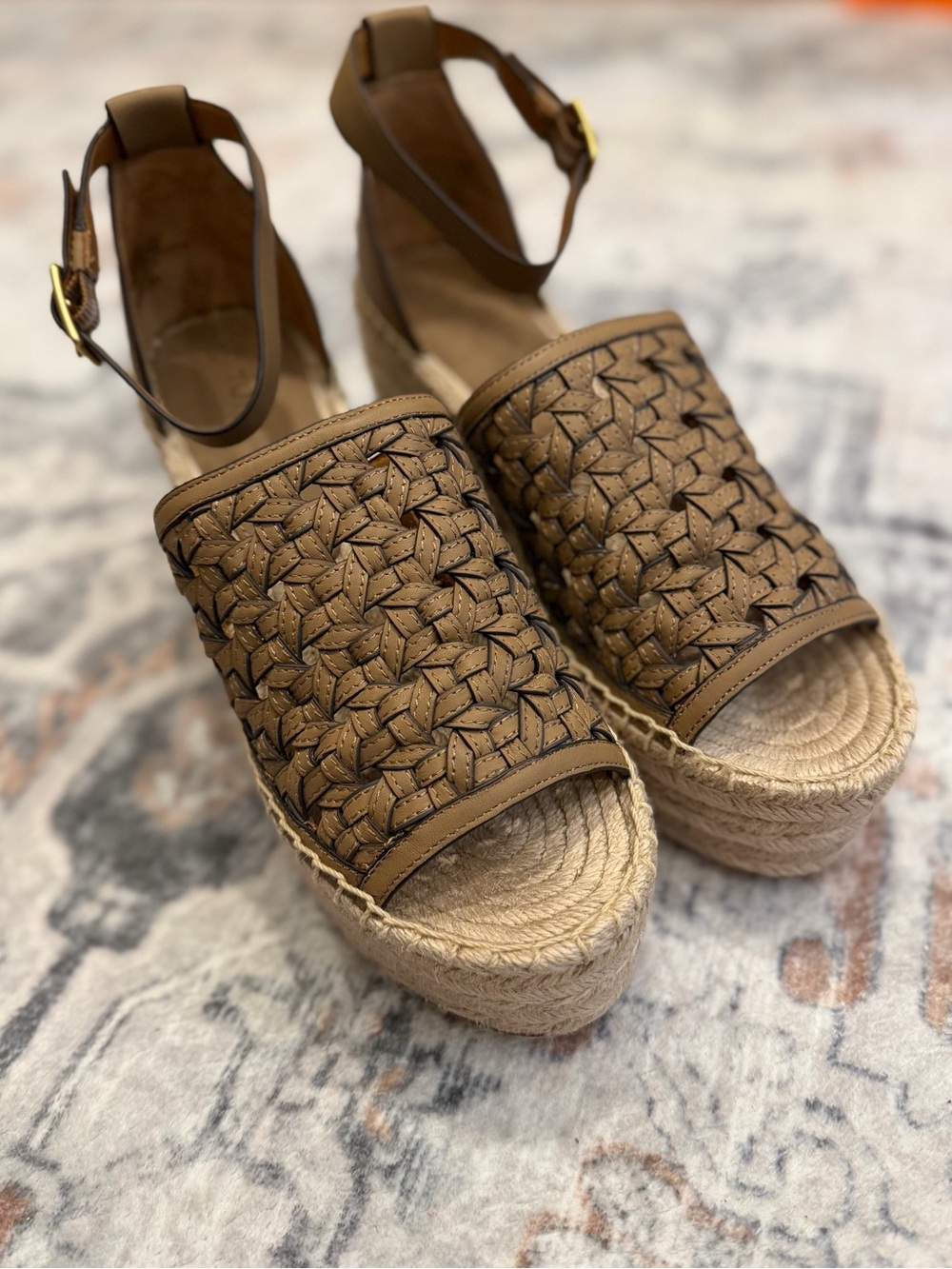 Tory Burch Basketweave Espadrille Wedge/Smooth Vachetta Leather